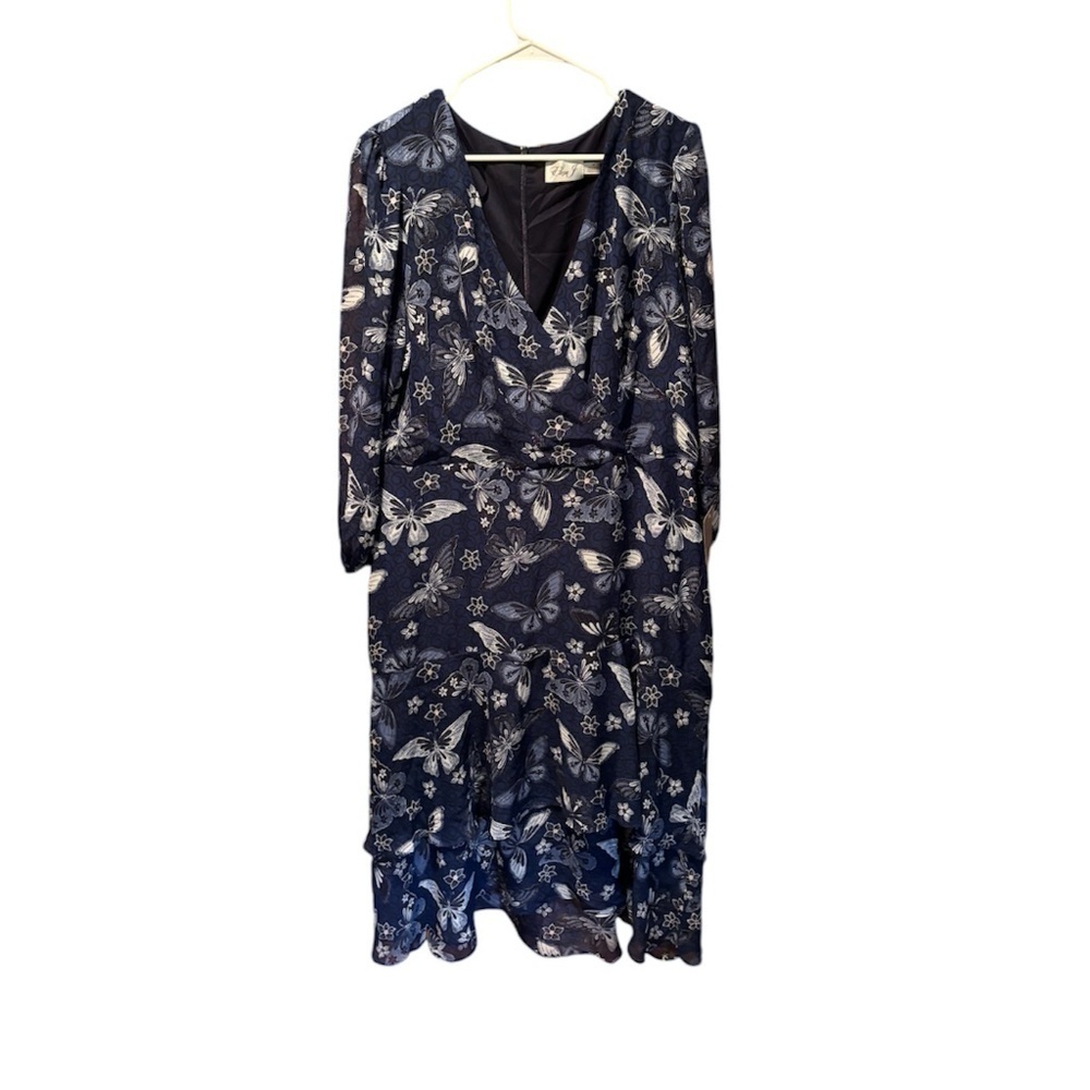 Eliza J Floral Long Sleeve Faux Wrap Midi Dress in Navy Size 18 NWT